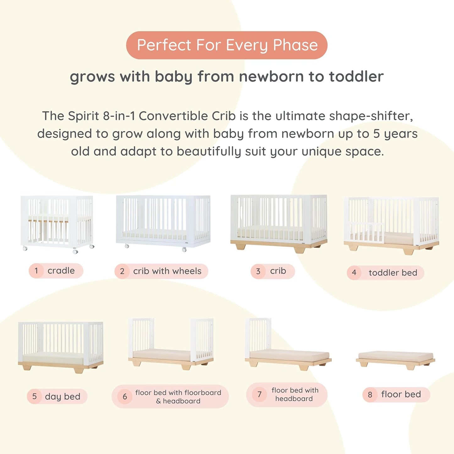 dadada Spirit 8 in 1 Convertible Crib to Toddler Bed & Floor Bed, Made in Italy, Greenguard Gold Certified, Adjustable Mattress Heights (White + Natural)