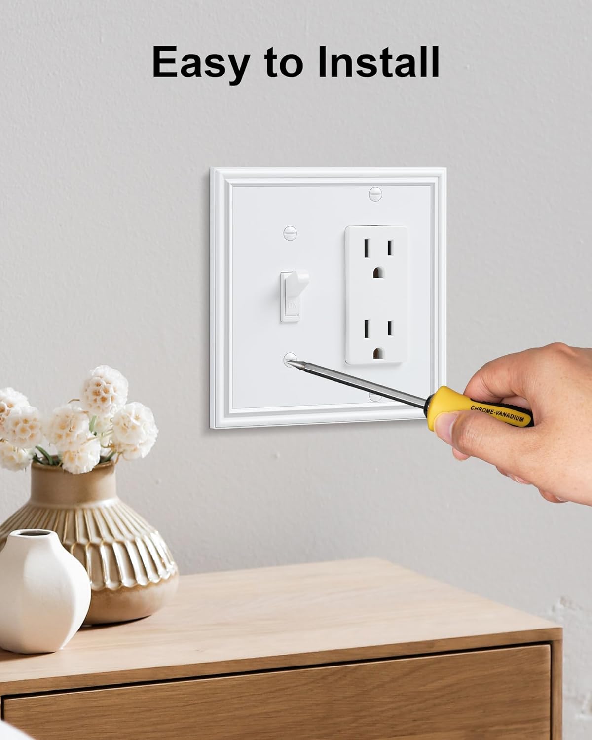 2-Pack Combo Toggle/Decorator Light Switch Cover Plate, Pure White Decorative Electrical Outlet Covers, Durable Solid Zinc Alloy Wall Switch Plates and Outlet Covers