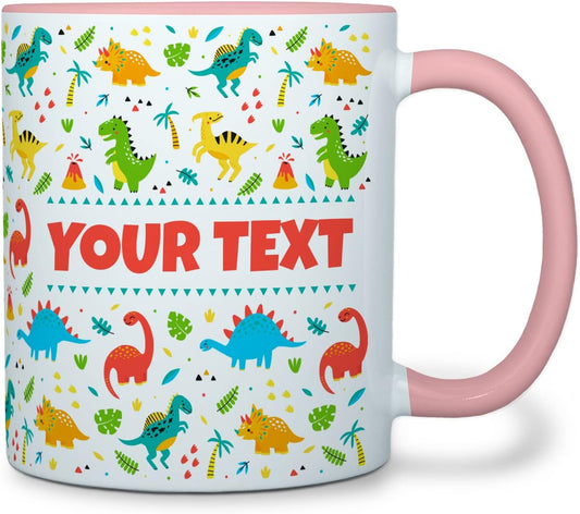 Personalized Mug for Kids - Dinosaurs - Custom Name/Text, Ceramic Hot Chocolate/Cocoa/Coffee Cup for Boys/Girls, Birthday/Christmas/Holiday Gift - 11 oz, Pink Handle