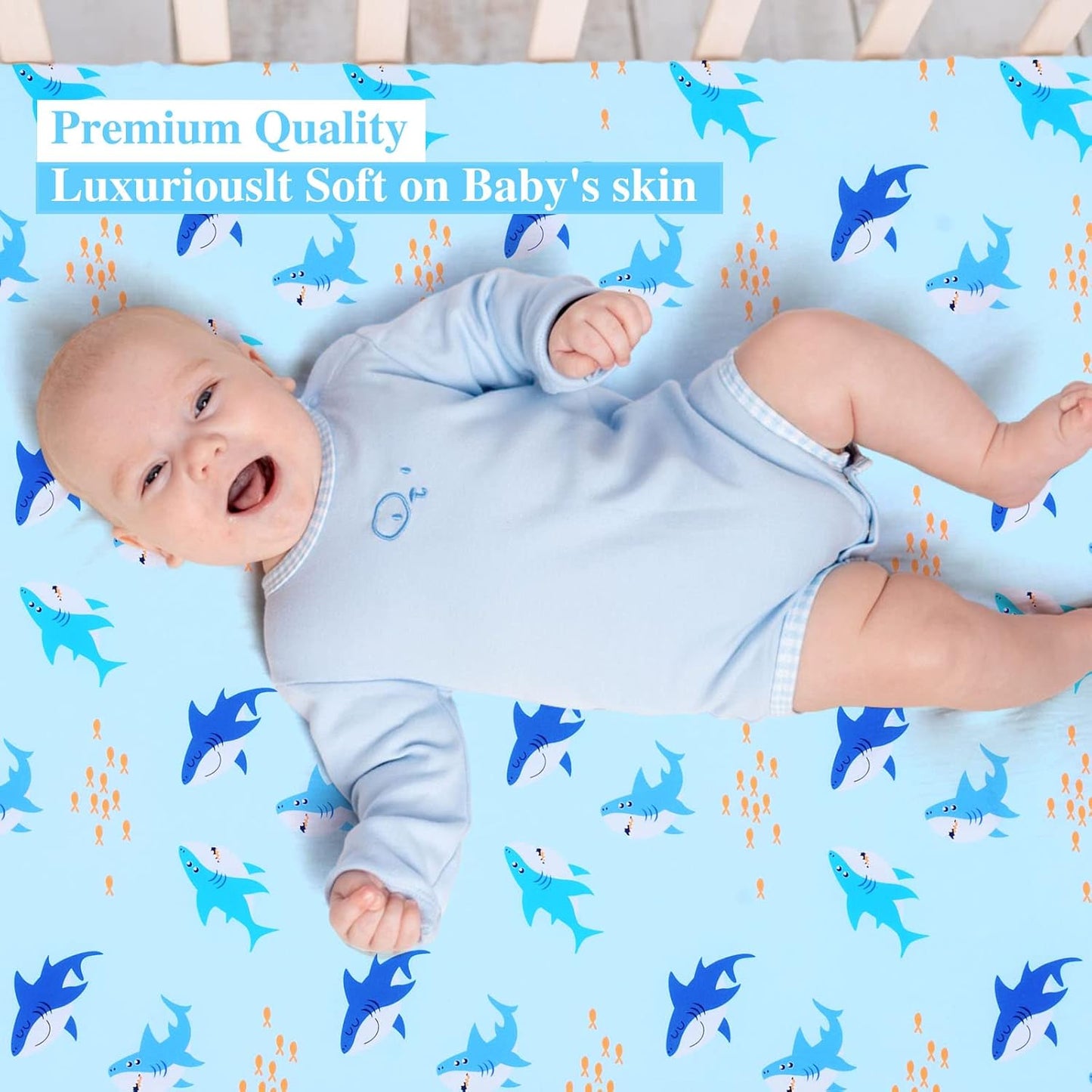 UOMNY Crib Sheet for Baby Boys Shark Fitted Crib Sheets for Standard Crib and Toddler Mattresses Ocean Crib Mattress Sheets for Daycare 52 x 28 Blue