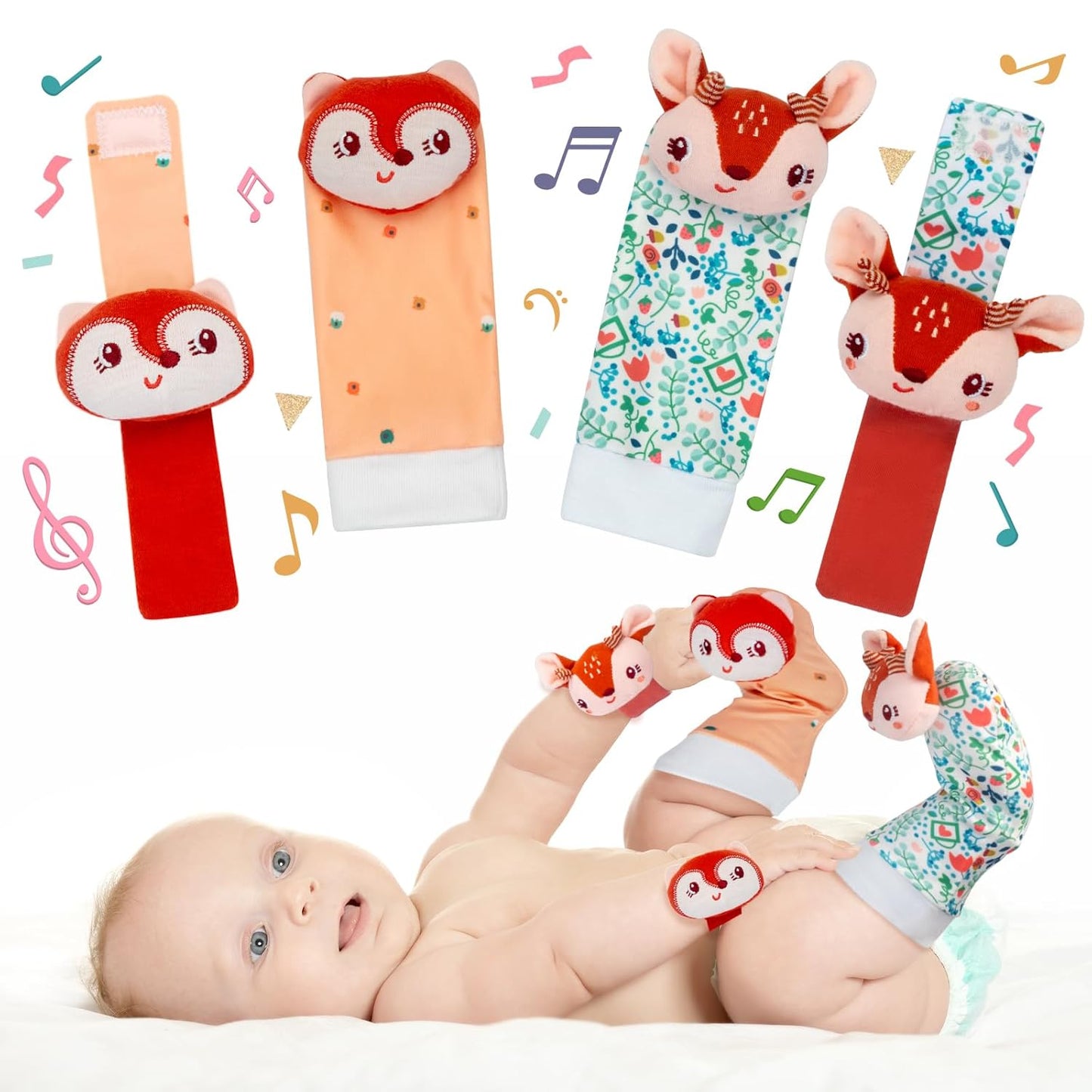 Lovely Animal Wrist Rattles & Sock Toy for Baby Infant 0-6 6-12 Month Old Newborn Soft Toy Hand and Foot Finder Girl Boy Birthday Shower Easter Gift Set for Babies