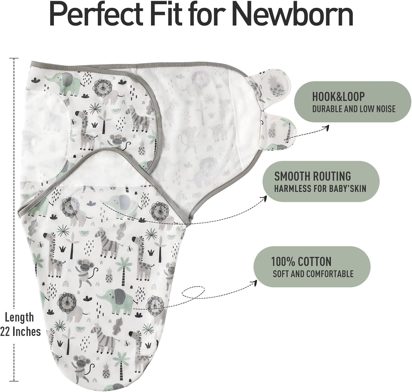 GLLQUEN BABY Organic Swaddle Sleep Sacks for Newborn - Baby Swaddles 0-3 Months, 3-Pack Newborn Swaddling Sack, Gray Stripe & Animal World, Baby Swaddle Blanket Wrap (Small/Medium)