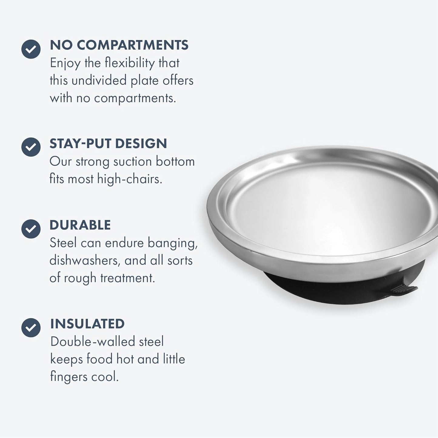 Avanchy Open Baby Plates with Suction – Stainless Steel Divided Plates for Toddlers, BPA-Free, Dishwasher Safe, Unbreakable, Non-Toxic, 100% Silicone Suction – Black