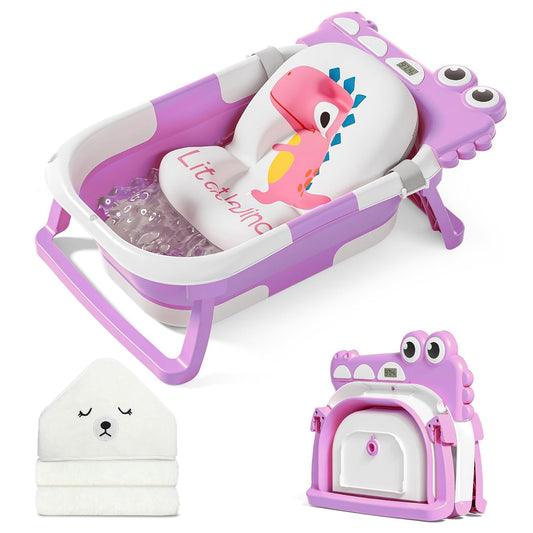 MoreFeel Collapsible Baby Bathtub for Newborn with Thermometer & 1 Hooded Towel & 1 Soft Floating Cushion,Portable Travel Bathtub with Drain Hole, Durable Foldable Baby Tubs for Infants to Toddler
