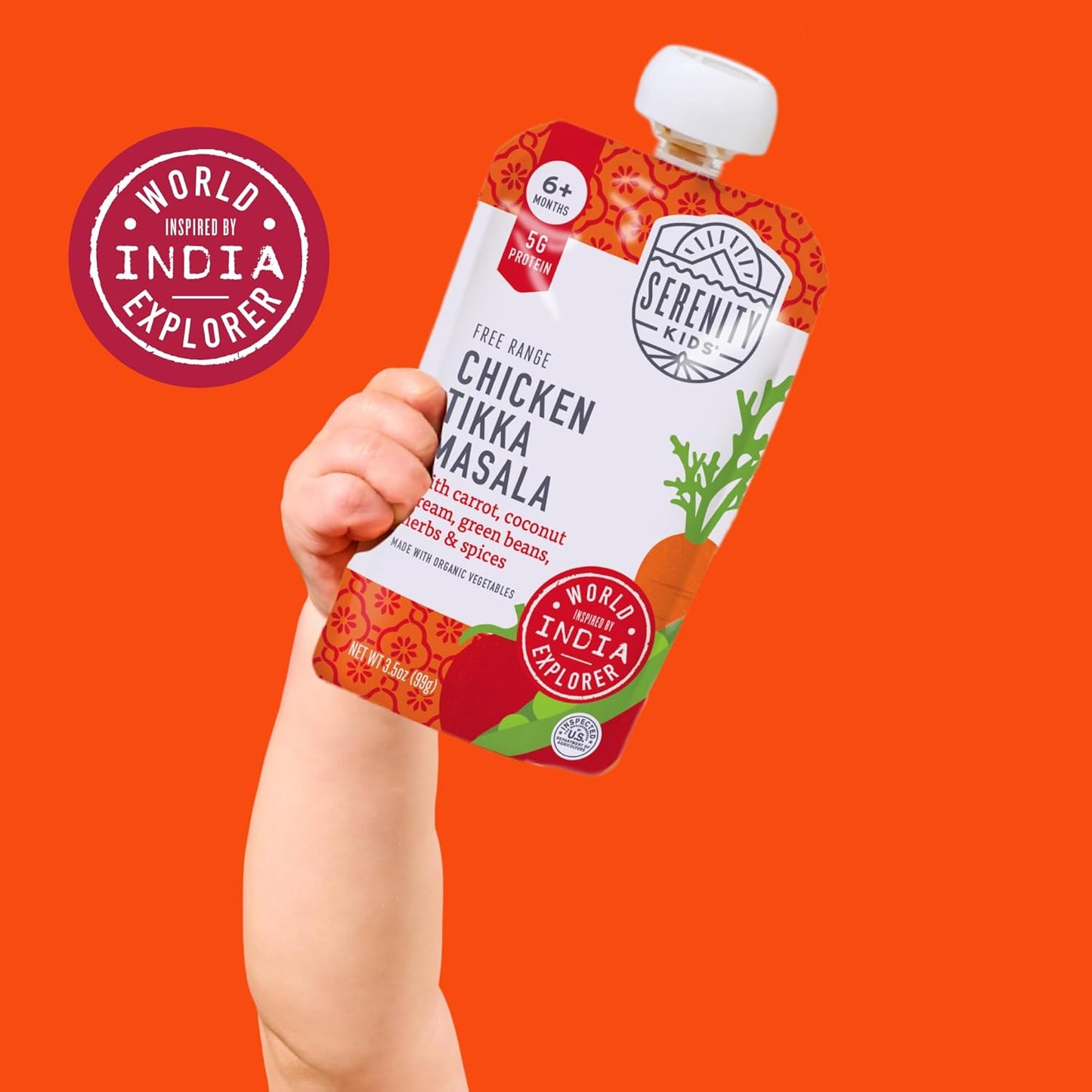 Serenity Kids 6+ Months Chicken Tikka Masala Baby Food Puree Pouches - High Protein Ethically Sourced Chicken & Organic Veggies - BPA-Free Toddler Pouches - 3.5 Oz, 12 Pack