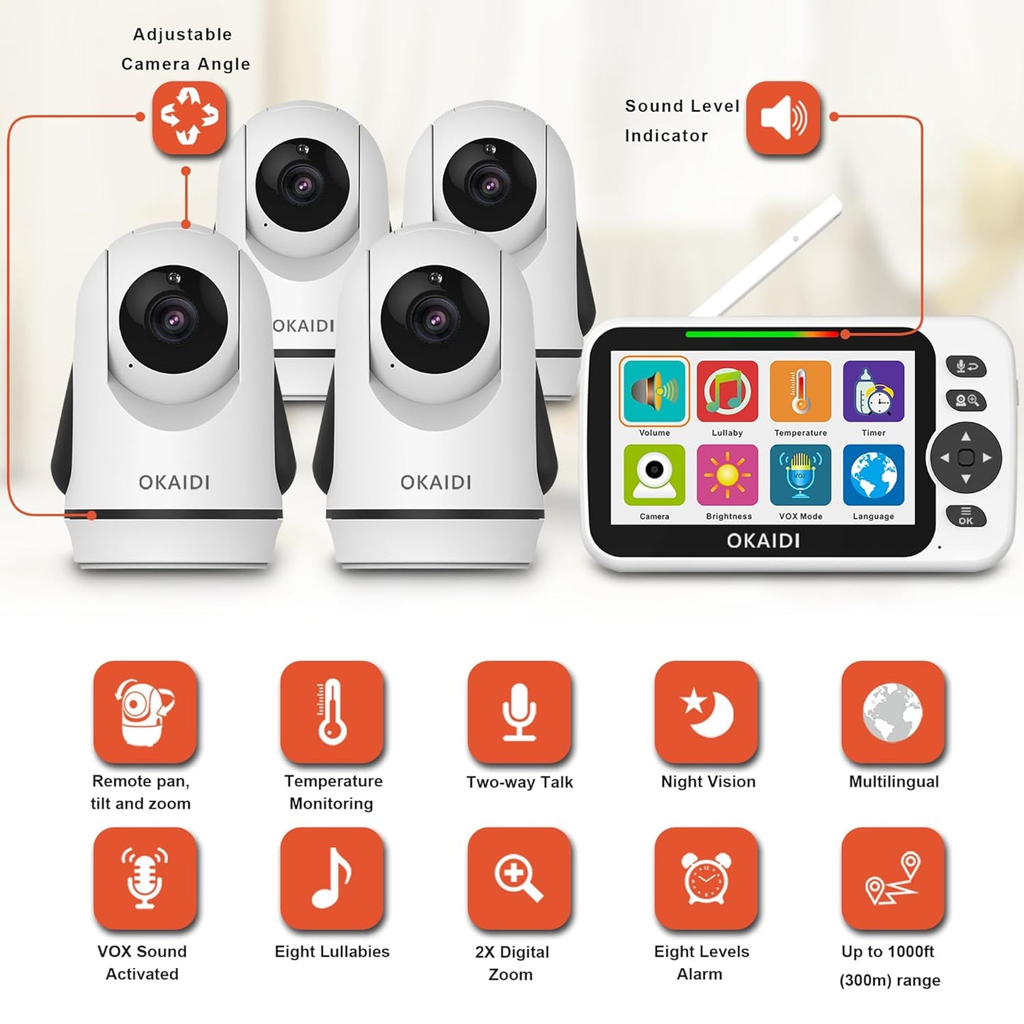 Video Baby Monitor with 4 Cameras, 5" Display Baby Monitor No WiFi, 30H Battery and 1000ft Range, 2-Way Talk, 8 Lullabies, Remote Pan-Tilt-Zoom Baby Camera for Baby Pet Elderly