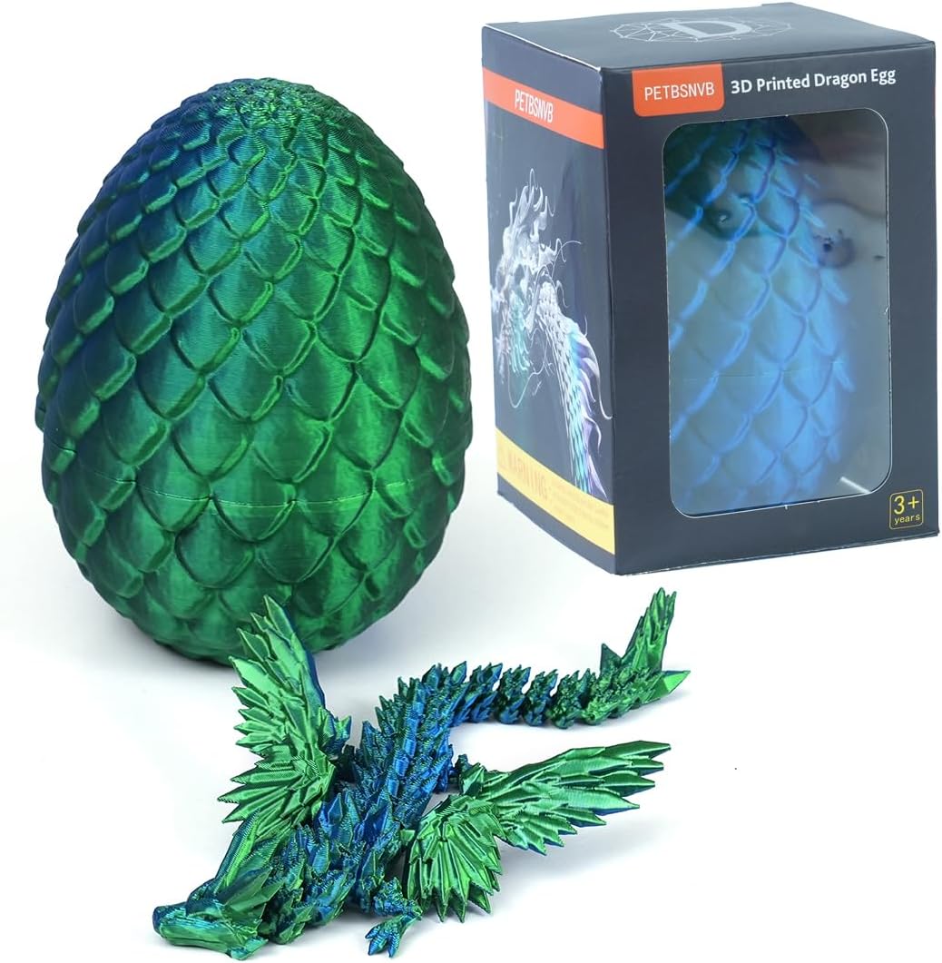 7" 3D Printed Dragon with Wings in Egg, Easter Basket Stuffers, Crystal Dragon Surprise in Eggs, Articulated Dragon, Dragon Fidget Toy, Home Office Decor Executive Desk Toy (Laser Blue)