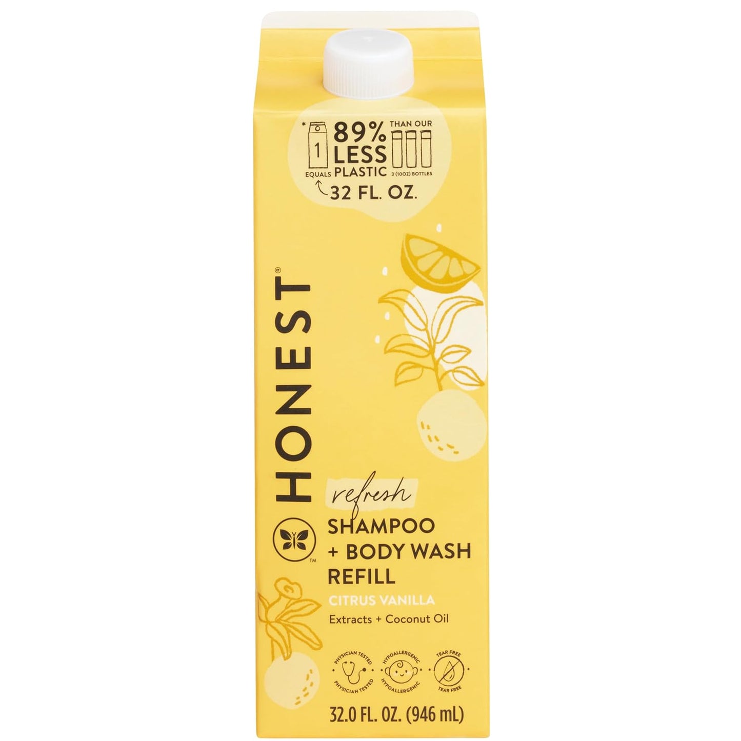 The Honest Company 2-in-1 Cleansing Shampoo + Body Wash Refill Carton | Gentle for Baby | Naturally Derived, Tear-free, Hypoallergenic | Citrus Vanilla Refresh, 32 fl oz