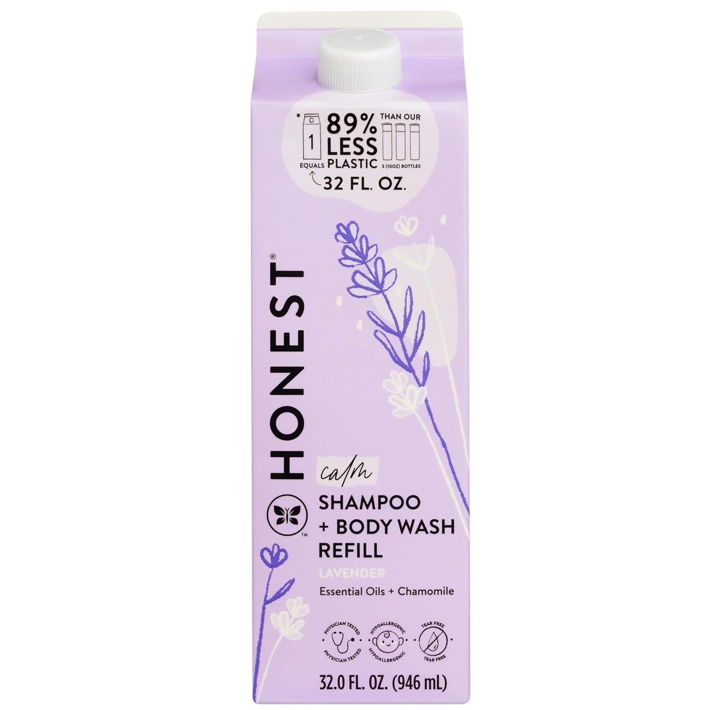The Honest Company 2-in-1 Cleansing Shampoo + Body Wash Refill Carton | Gentle for Baby | Naturally Derived, Tear-free, Hypoallergenic | Lavender Calm, 32 fl oz
