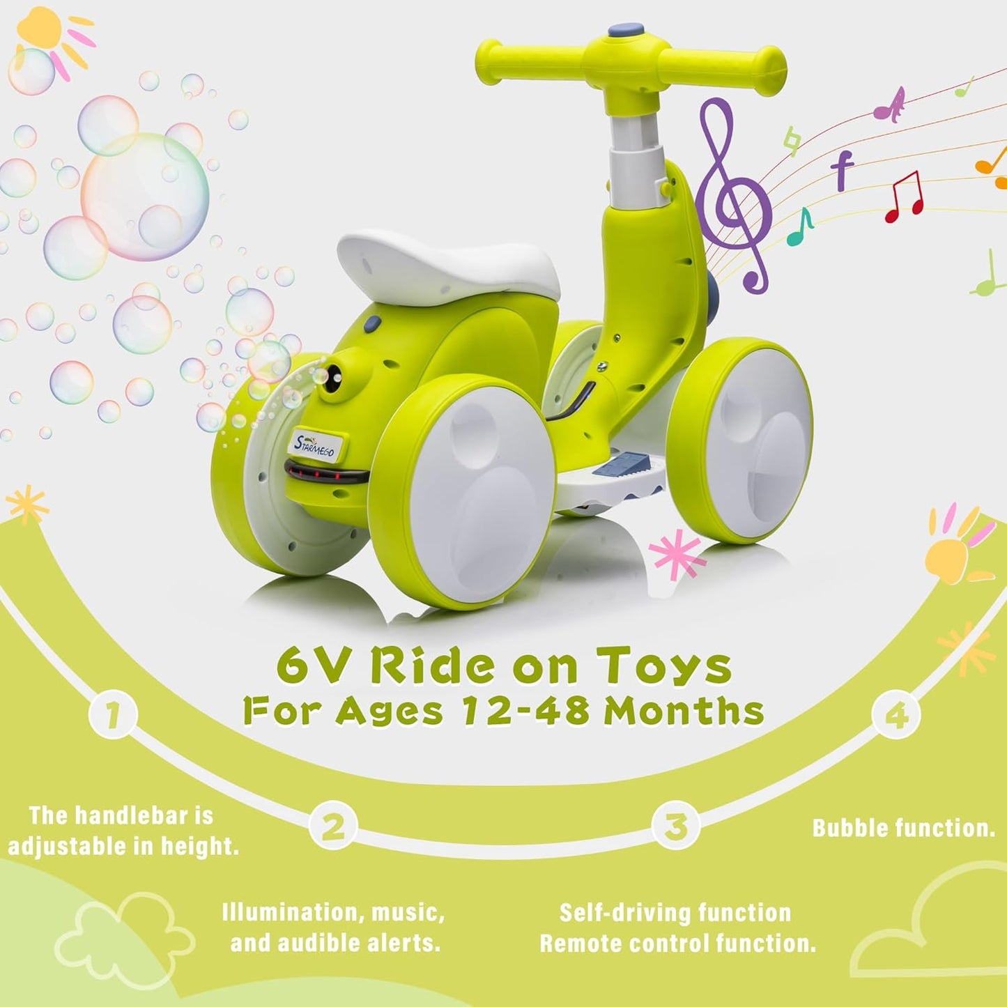 6V Electric Baby Balance Bike with Bubble Machine,4 in 1 Toddler Balance Bike w/Remote Control for 1 Year Old Boys Girls Kids Bubble Bike Ride on Toys w/Powered Motor,Music,LED Lights (Cyan)