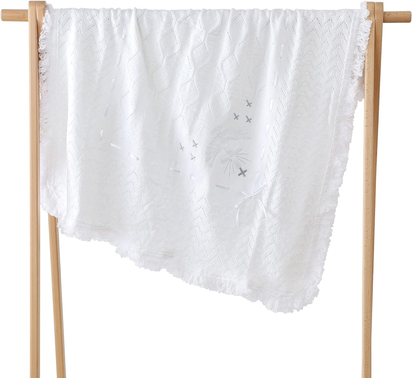 Booulfi Baby Christening Blanket Newborn White Baby Blanket Shawl Neutral Knitted Baptism Blankets for Babies Fleece Lined Winter Warm Blankets,Size 37x39 “