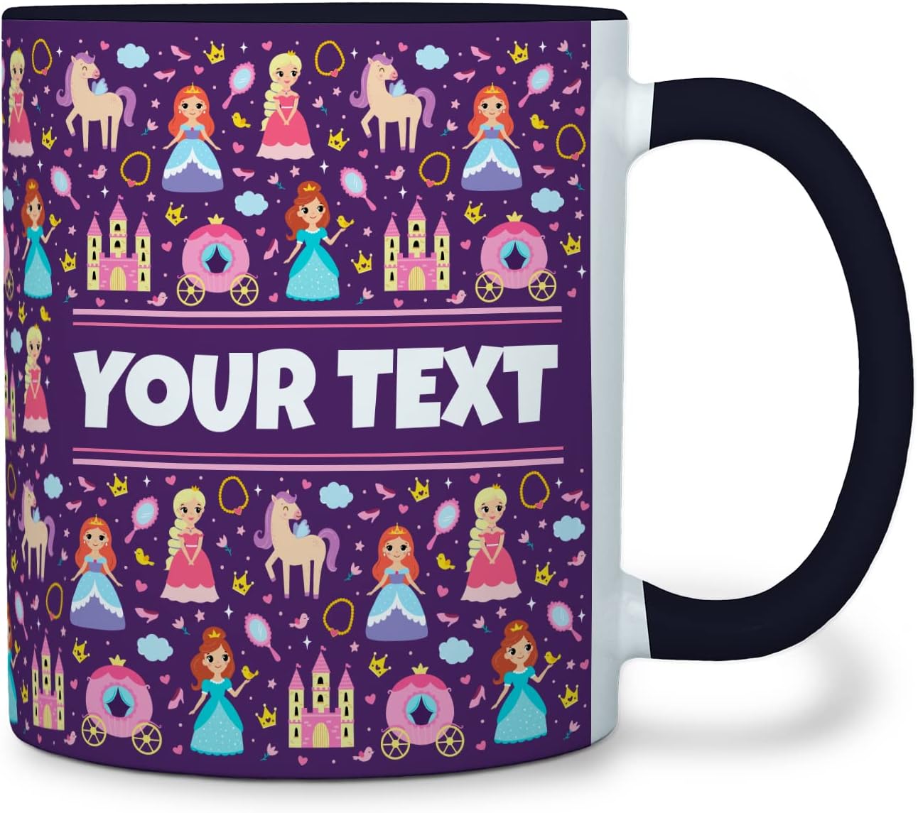 Personalized Mug for Kids - Princesses - Custom Name/Text, Ceramic Hot Chocolate/Cocoa/Coffee Cup for Girls, Birthday/Christmas/Holiday Gift - 11 oz, Black Handle