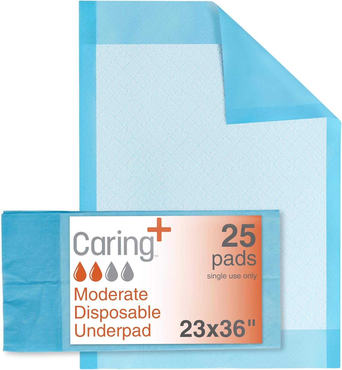 Caring Disposable Underpads, Baby Changing Liner Pads, Moderate Absorbency, 23 x 36 in, 25-Pack