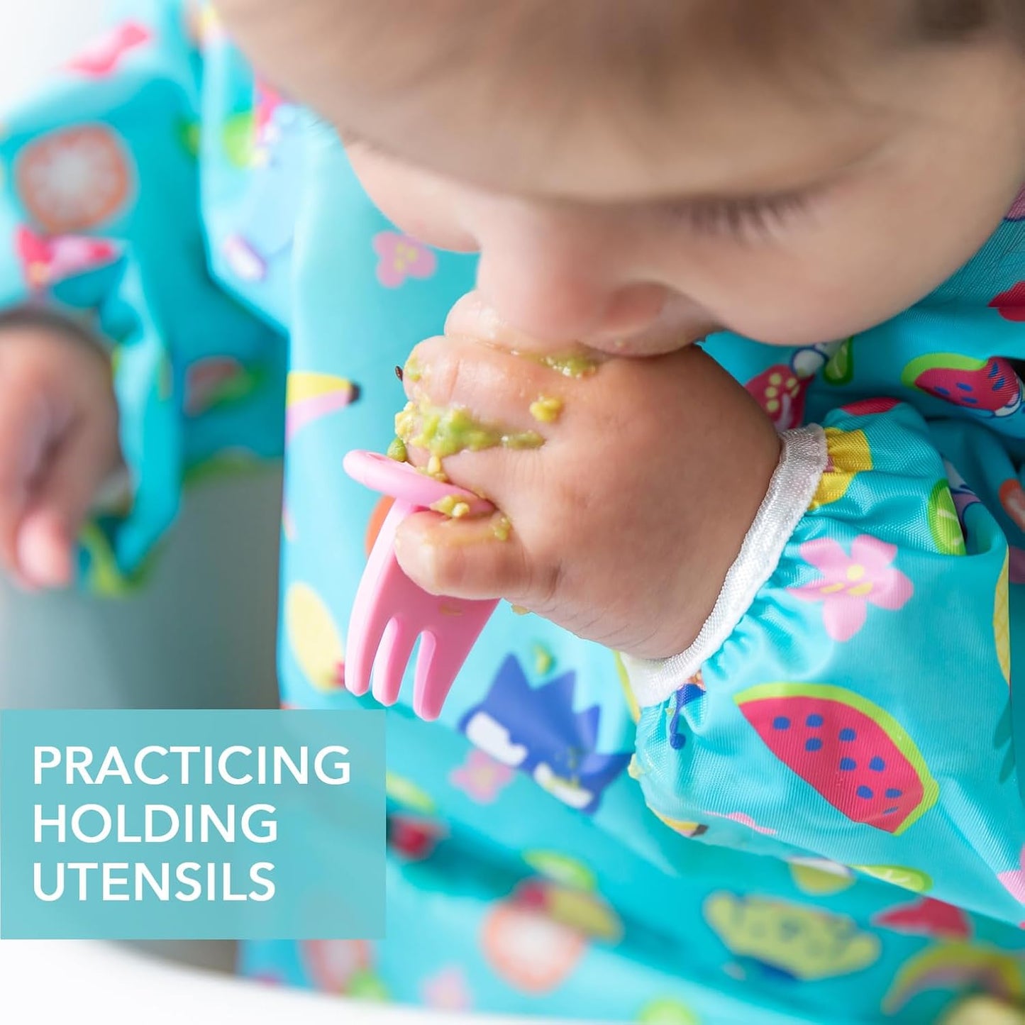 Bumkins Baby Utensils Set, Chewtensils Silicone Spoons for Dipping, Self-Feeding, Baby Led Weaning, Trainer Learning, First Stage Eating, Soft Practice Fork and Spoon, 6 Months, Hello Kitty Pink