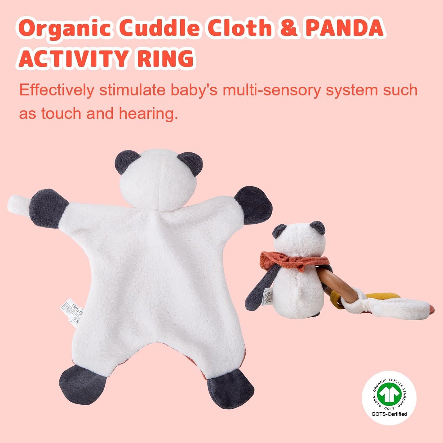 Organic Cotton Stuffed Animal Rattle Baby Toys, Organic Panda Cuddle Cloth & Organic Panda Activity Ring Plush Toy Set for Newborns Infant Boys Girls, 2 PCS
