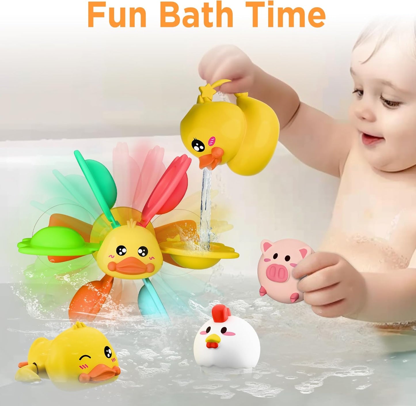 iPlay, iLearn Baby Duck Bath Toy, Toddler Bathtub Suction Water Spinner Gear, Kid Shower Fishing Game W/ Net, Light up Animal, Wind up Swimming Duck, Birthday Gift 6 9 12 Month 1 2 3 Year Old Boy Girl