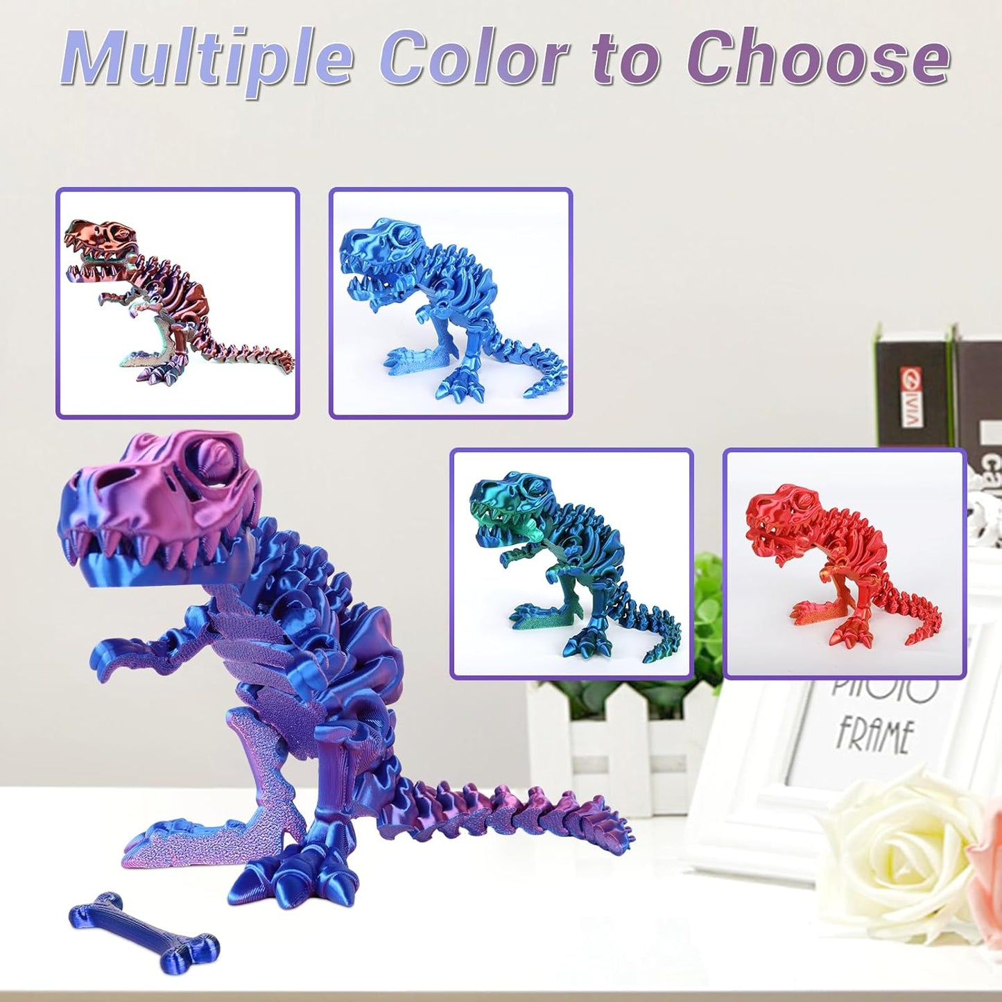 3D Printed Dinosaur Bones Tyrannosaurus Rex Skeleton with Movable Joints, 3D Model Skull T-Rex, Flexible Articulated Dinosaur Fidget Toys Adults for Autism/ADHD