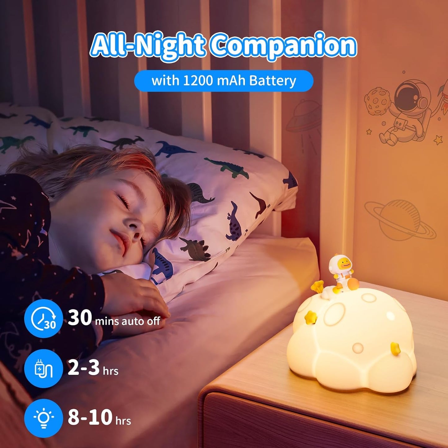 Planet Night Light for Kids, 3 Lightness Auto-Off LED Rechargeable Silicone Squishy Tap Control Beside Lamp, Nursery Night Light for Baby,Gift for Child,Boys and Girls