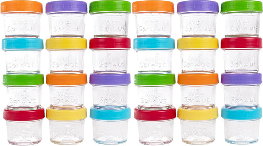 WeeSprout Baby Food Storage Glass Jars w/Lids (4 oz, 24 Pack) Bright Variety, Snack, Reusable Small Containers, Fridge or Freezer, Microwave & Dishwasher Safe, Essentials for Infants
