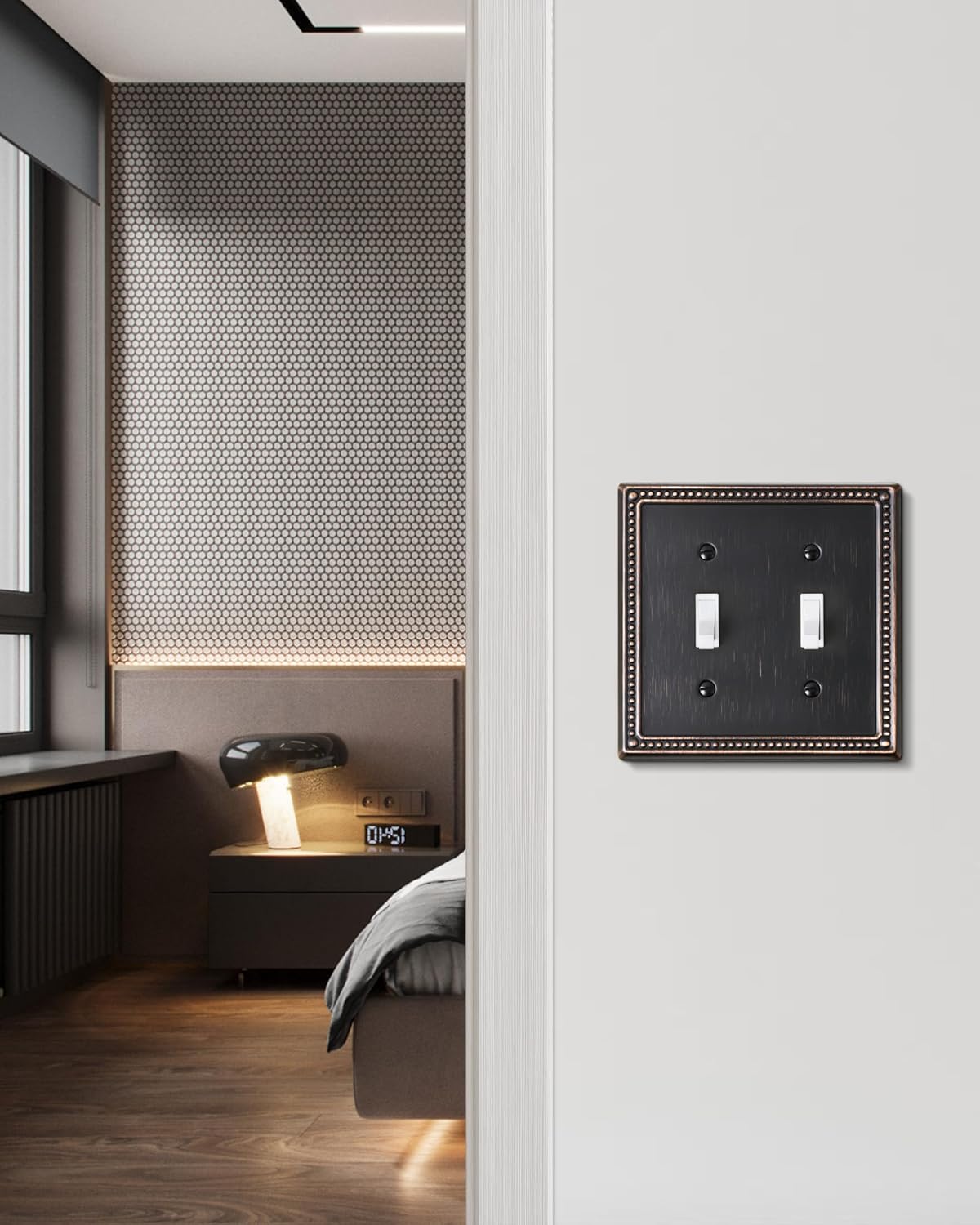 2-Pack Double Toggle Light Switch Cover Plate, Pearls Decorative Dual Switch Plate Covers, Aged Bronze 2 Gang Metal Wall Plate, Corrosion Resistant