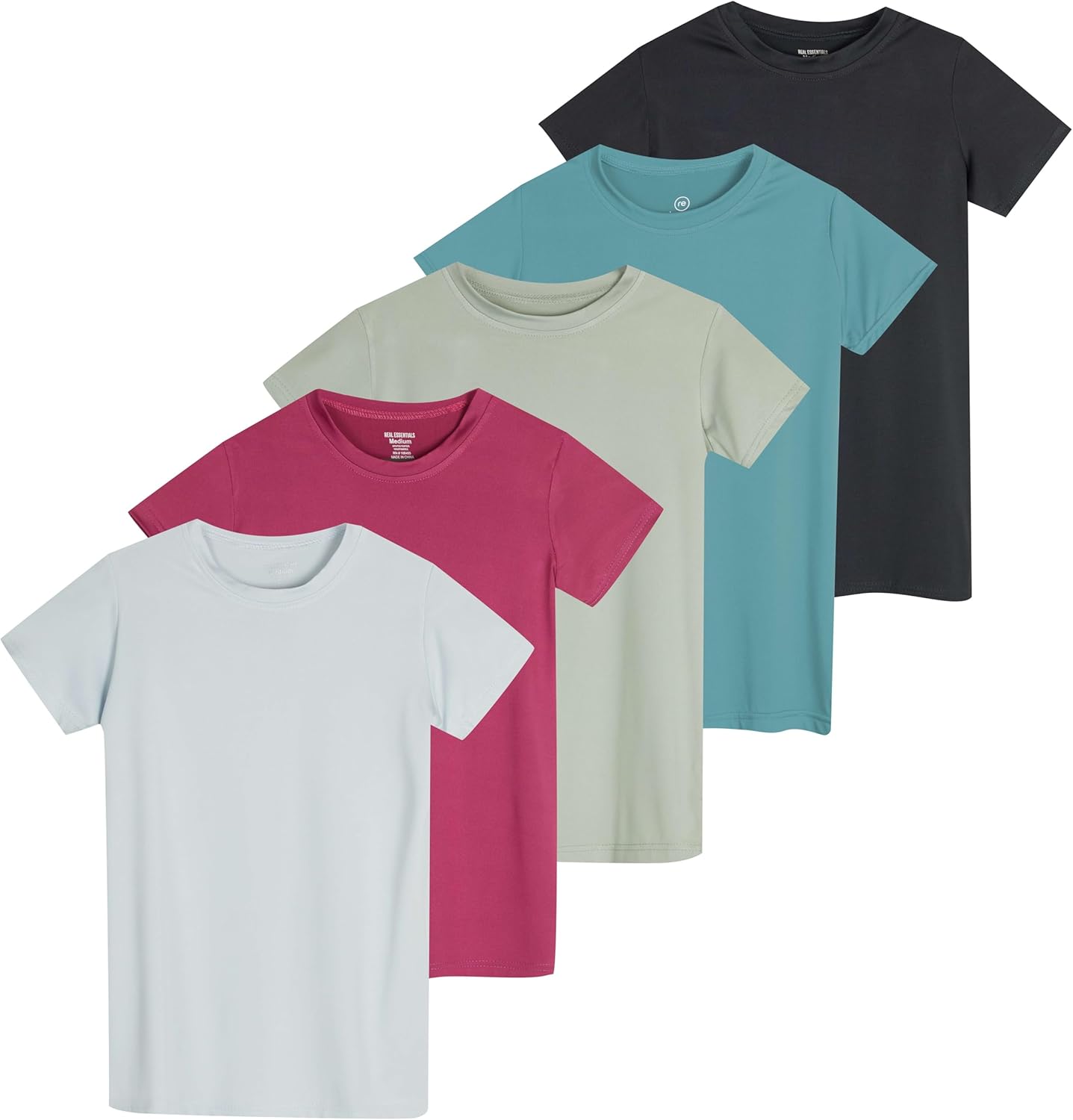 Real Essentials 5 Pack: Girls Short Sleeve Dry-Fit Crew Neck Active Athletic Performance T-Shirt