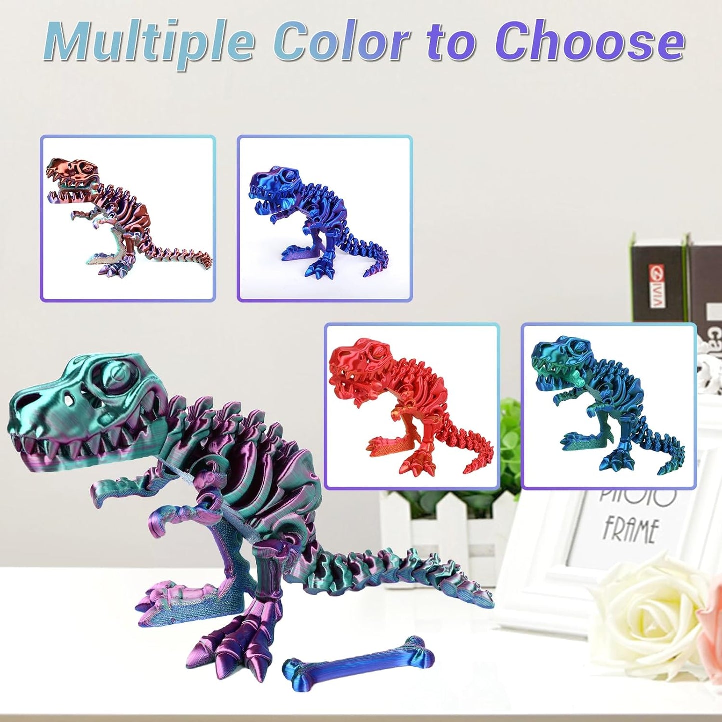 3D Printed Dinosaur Bone Skeleton Tyrannosaurus Rex with Movable Jaw Fidget Dinosaur Toys Full Articulated Dinosaur Executive Desk Toys Home Office Decor, Purple Mix Green-2