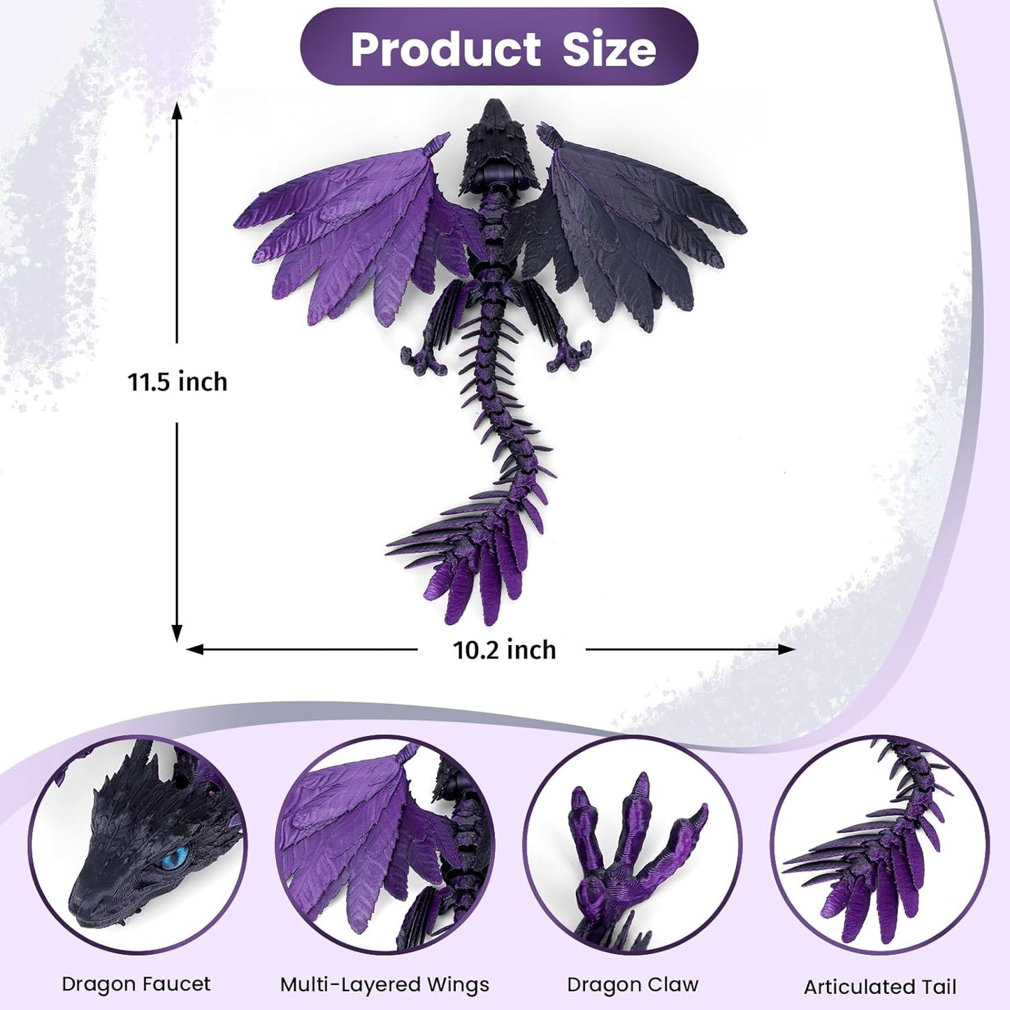 3D Printed Dragon with Wings,3D Printed Animals Toy,3D Printed Flexible Dragons,Crystal Dragon Fidget Toys,Full Articulated Dragon Crystal Dragon (Purple Black)