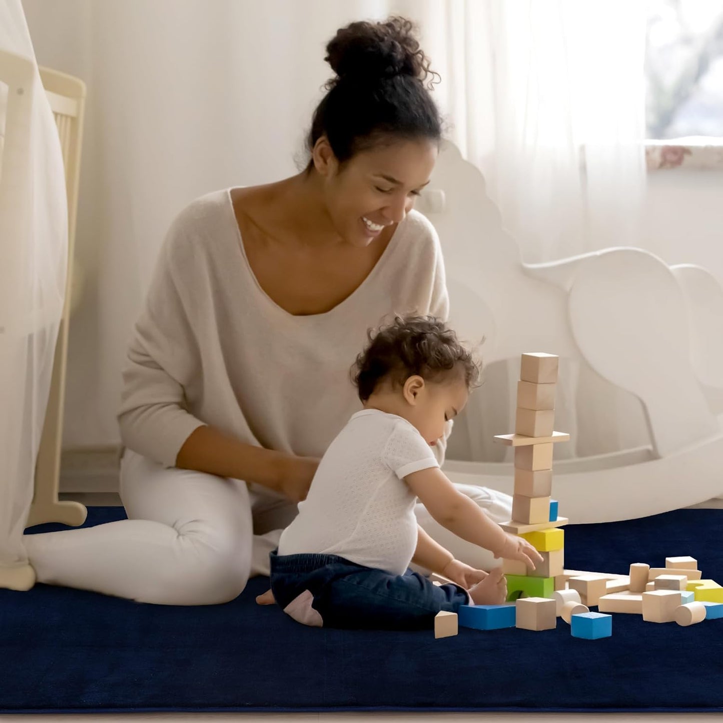 BALAPET Thick Memory Foam 50x50 Play Mat for Playpen, Super Soft Velvet Portable Baby Playpen Mat for Kids Toddler Crawling and Play, Non-Slip Bottom Playmat, Navy Blue