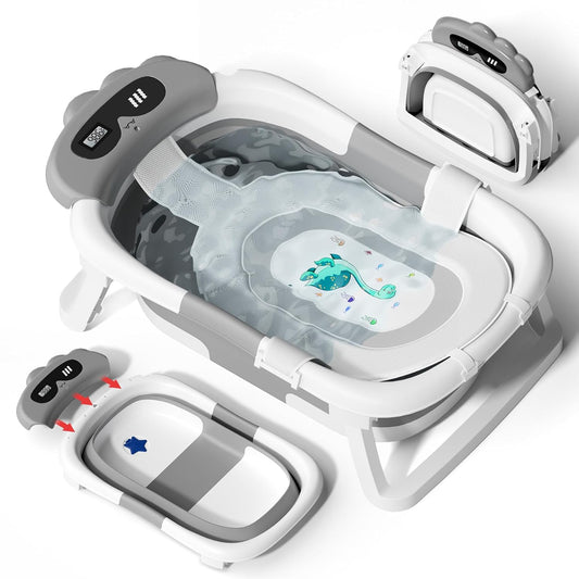 AVIDOR Baby Bathtub,Collapsible Bathtub for Newborn to Toddler,Durable Essential Infant Bath Tub,Portable Travel Baby Tub with Soft Bath Net,No-Slip Feet and Dinosaur Shaped (Grey)