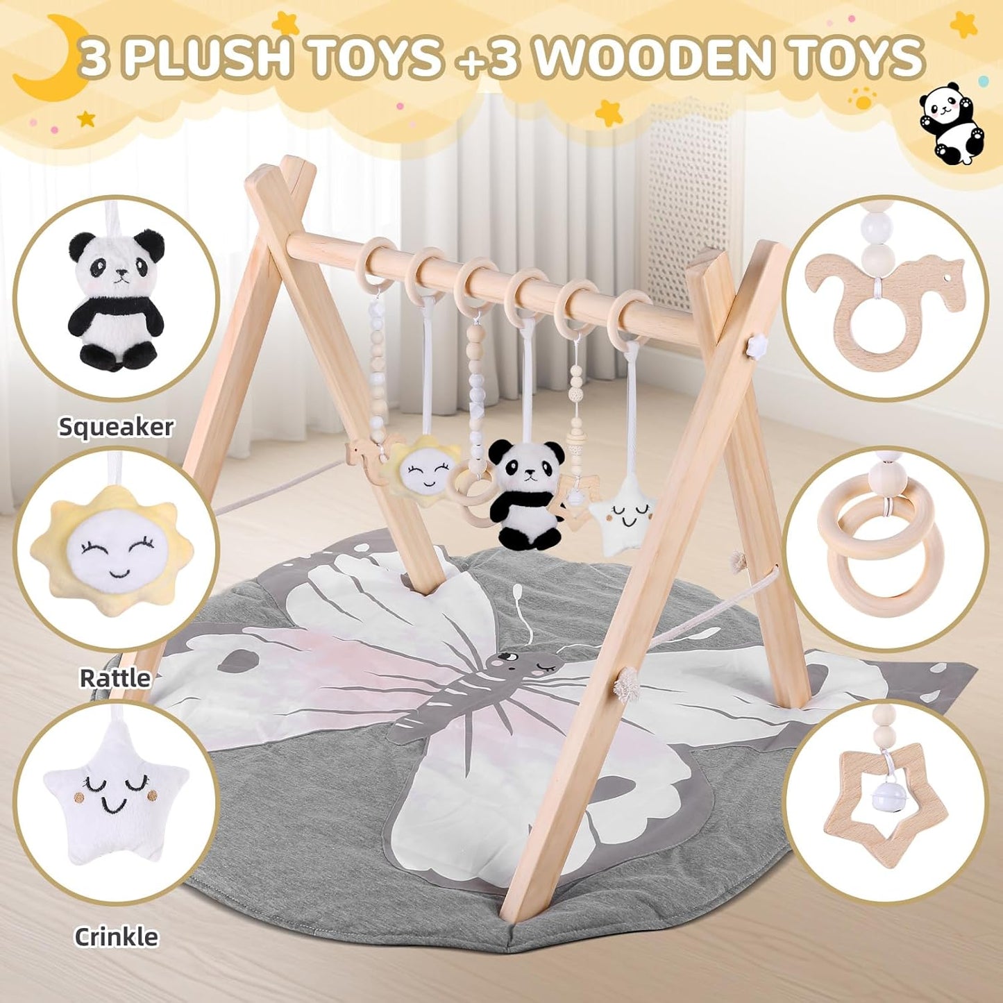 Wooden Baby Play Gym with Mat, Foldable Baby Activity Gyms with 6 Sensory Hanging Panda Toys, Tummy Time Baby Infant Toys (Butterfly)