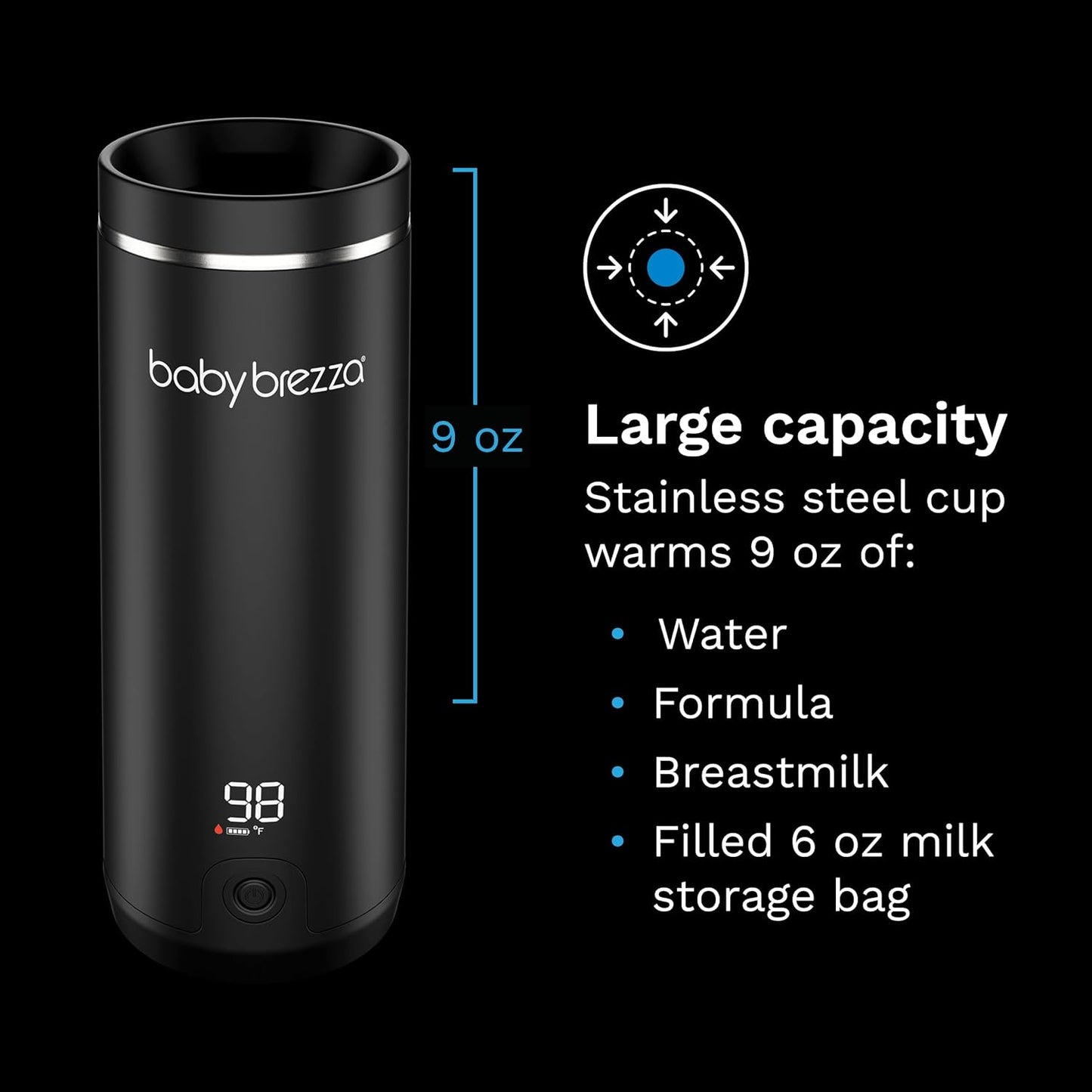 Baby Brezza SuperFast Portable Baby Bottle Warmer – 67% Faster - Travel Breastmilk Warmer and Formula Warmer - Safe, Even Heating - Up to 9oz - No Adapters, Black