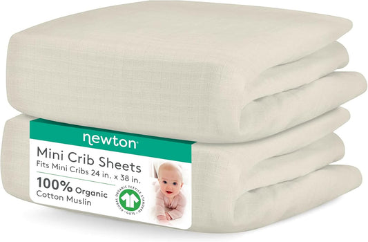 Newton Baby Mini Crib Fitted Sheets (2-Pack) | Organic Muslin Cotton, Ultra Breathable & Soft Baby Sheets, Machine Washable Baby Mattress Sheets, Fits Any Mini Sized Crib 24" x 38", Oatmeal