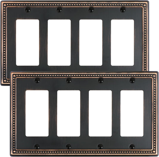 2-Pack Quad Decorator Outlet Cover Plate, Pearls Decorative Switch Plates and Outlet Covers, 4 Gang Aged Bronze Metal Wall Plates, Corrosion Resistant