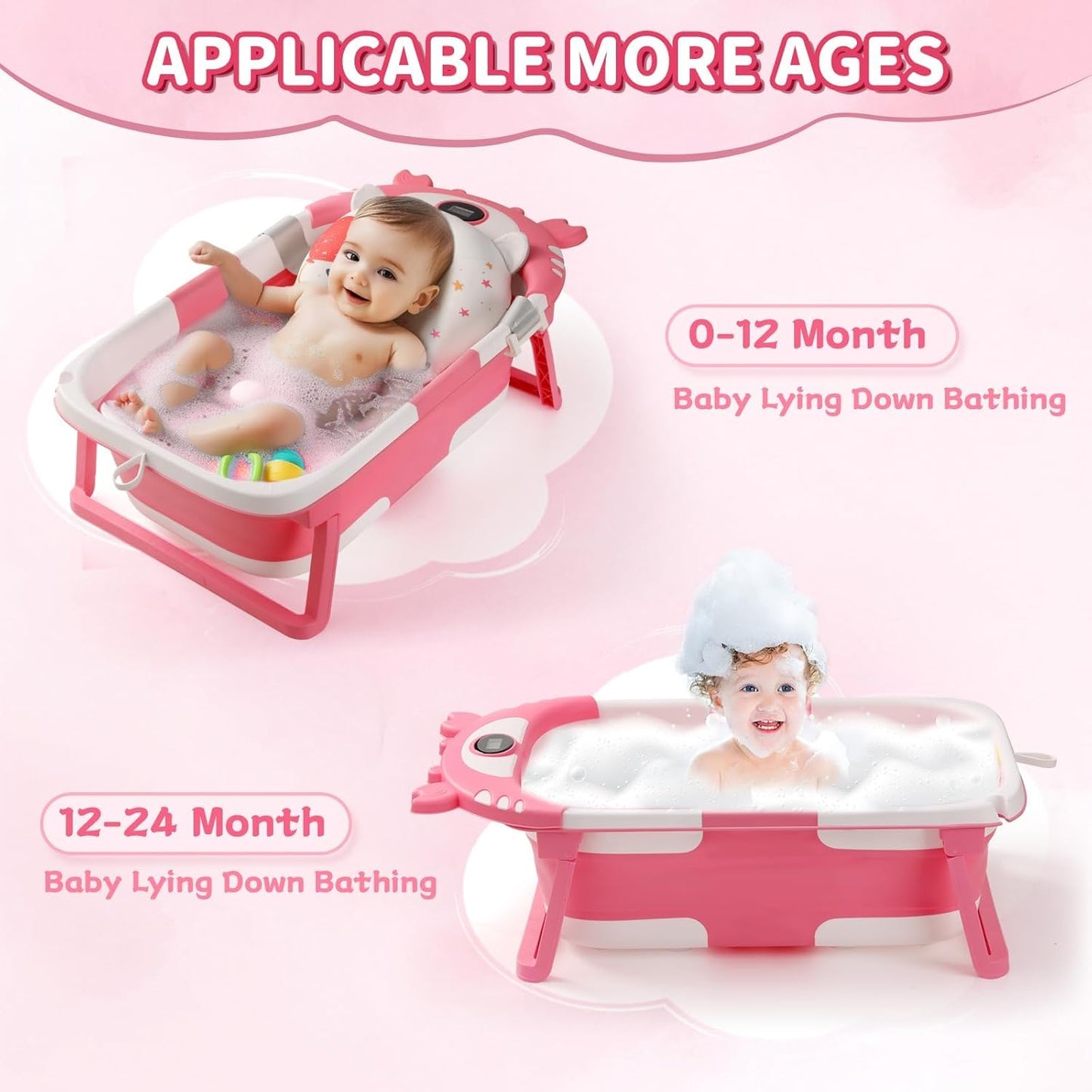 Baby Bathtub,Collapsible Baby Bath Tub with Thermometer & Soft Floating Cushion,Portable Travel Baby Bathtubs for Newborns to Toddlers 0-36 Months(Crab Pink)