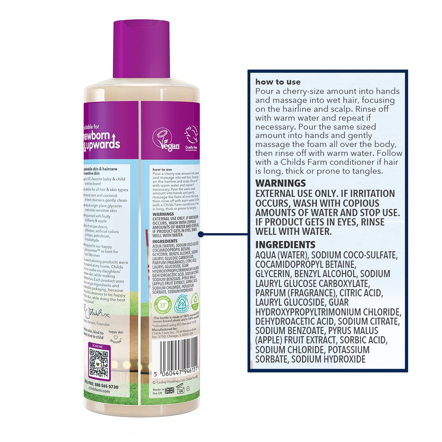 Childs Farm, Kids Hair & Body Wash for Dry, Sensitive Skin, Blackberry & Organic Apple, Gently Cleanses, Vegan, Cruelty-Free, 16.9 fl oz