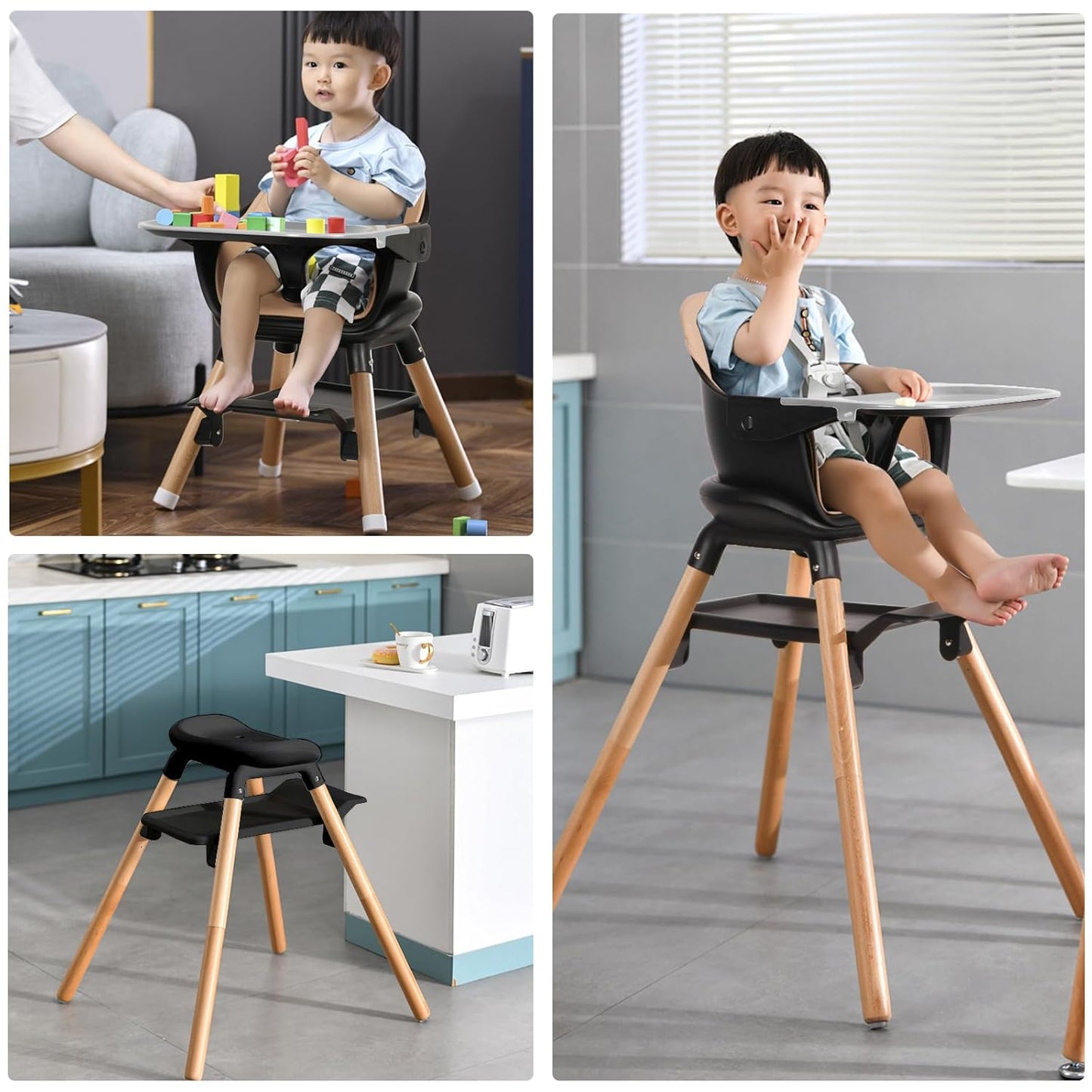 Baby High Chair, 6 in 1 Wooden Convertible High Chairs for Babies and Toddlers, Booster Seat with Double Tray & Reversible Footrest, 5-Point Harness Infants Feeding Seat, Black