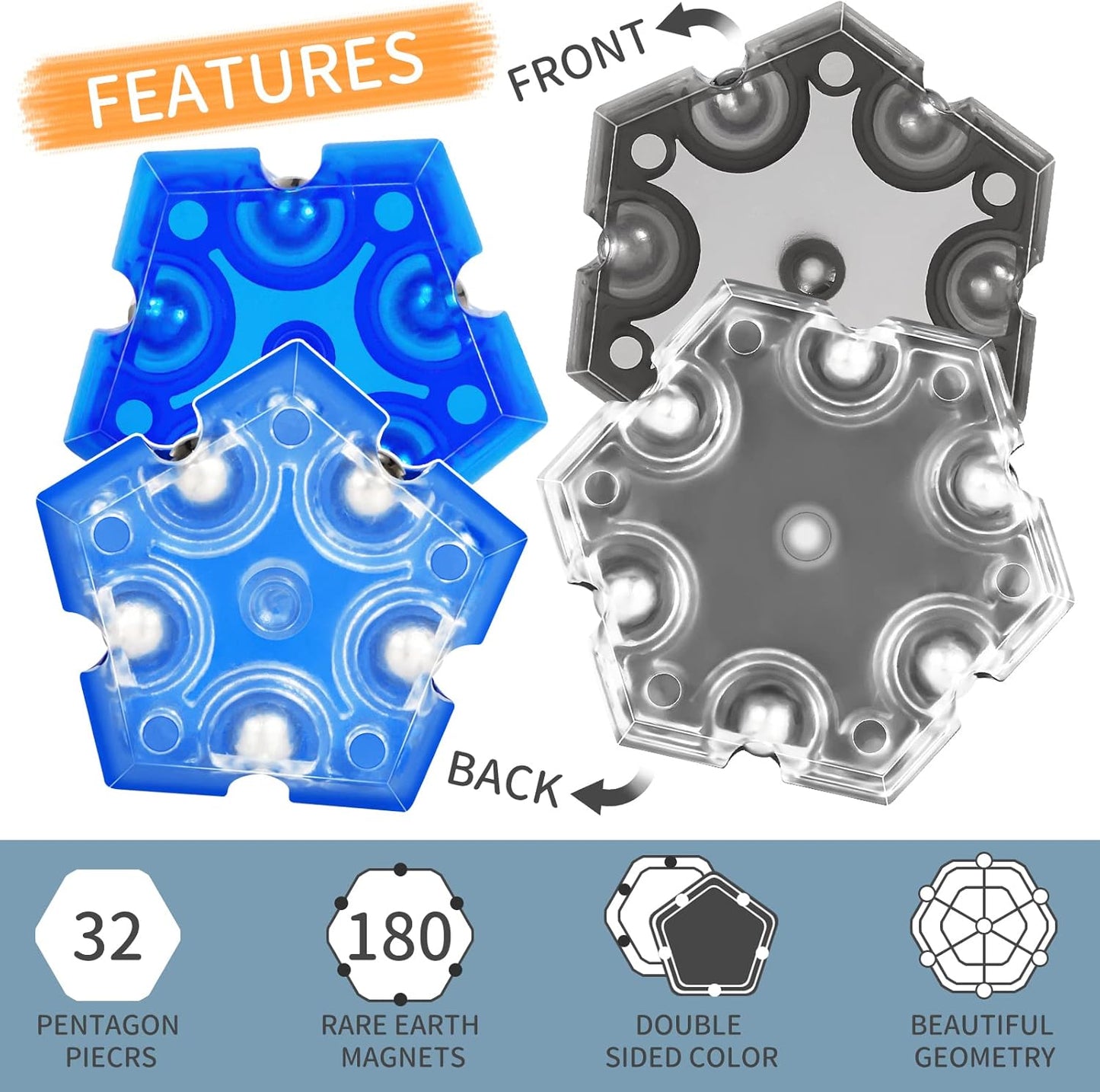 Fidget Sphere Toys of 32-Piece Set Magnetic Building Block Fun Executive Desk Toy Puzzles for Adults 14+ Years Old Boys and Girls-Fidget Blocks 3D-Grey and Blue