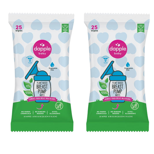 Dapple Breast Pump Wipes, Powered by Plants, Hypoallergenic, Removes Milk Residue, Fragrance Free, Convenient Wipes Pouch, 25 Count (2 Pack)
