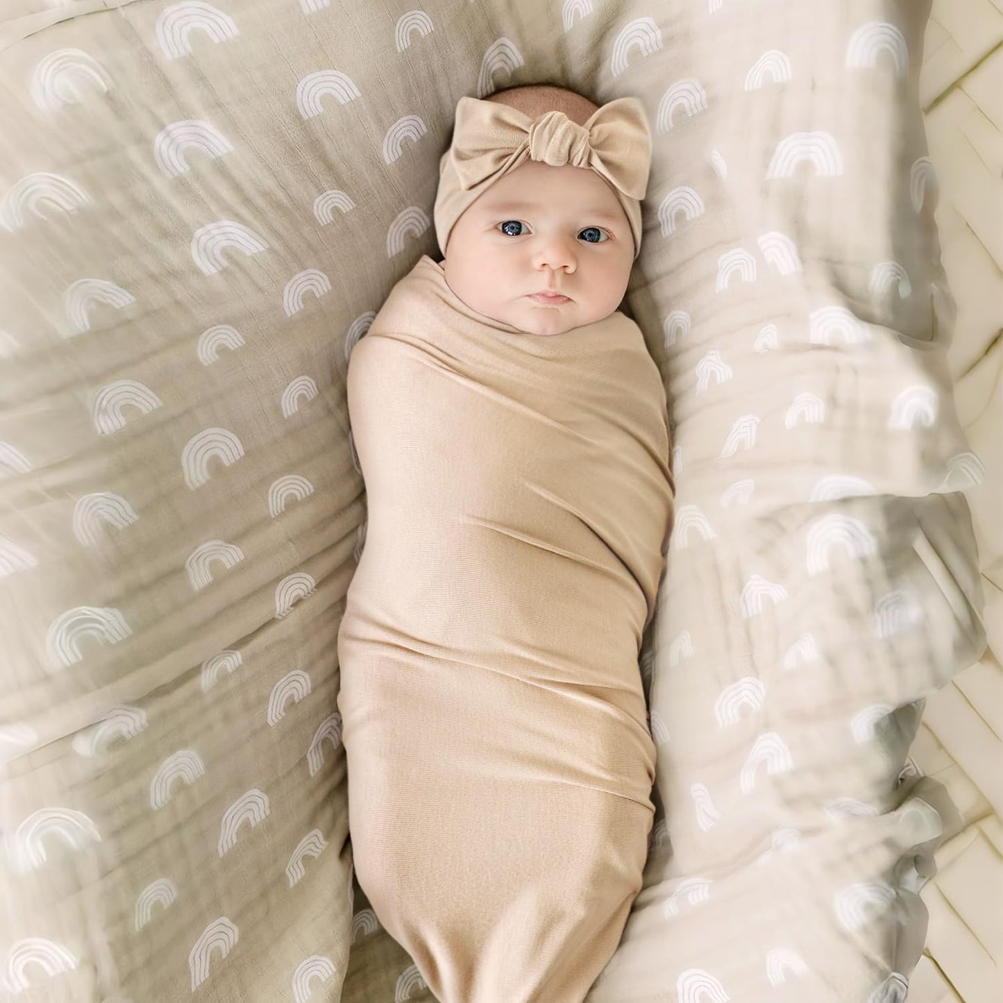 GRSSDER Newborn Swaddle Blanket, Ultra Soft Jersey Receiving Blanket with Matching Headband and Beanie Set 33×44", Stretchy Baby Neutral Swaddle Wrap for Girls and Boys