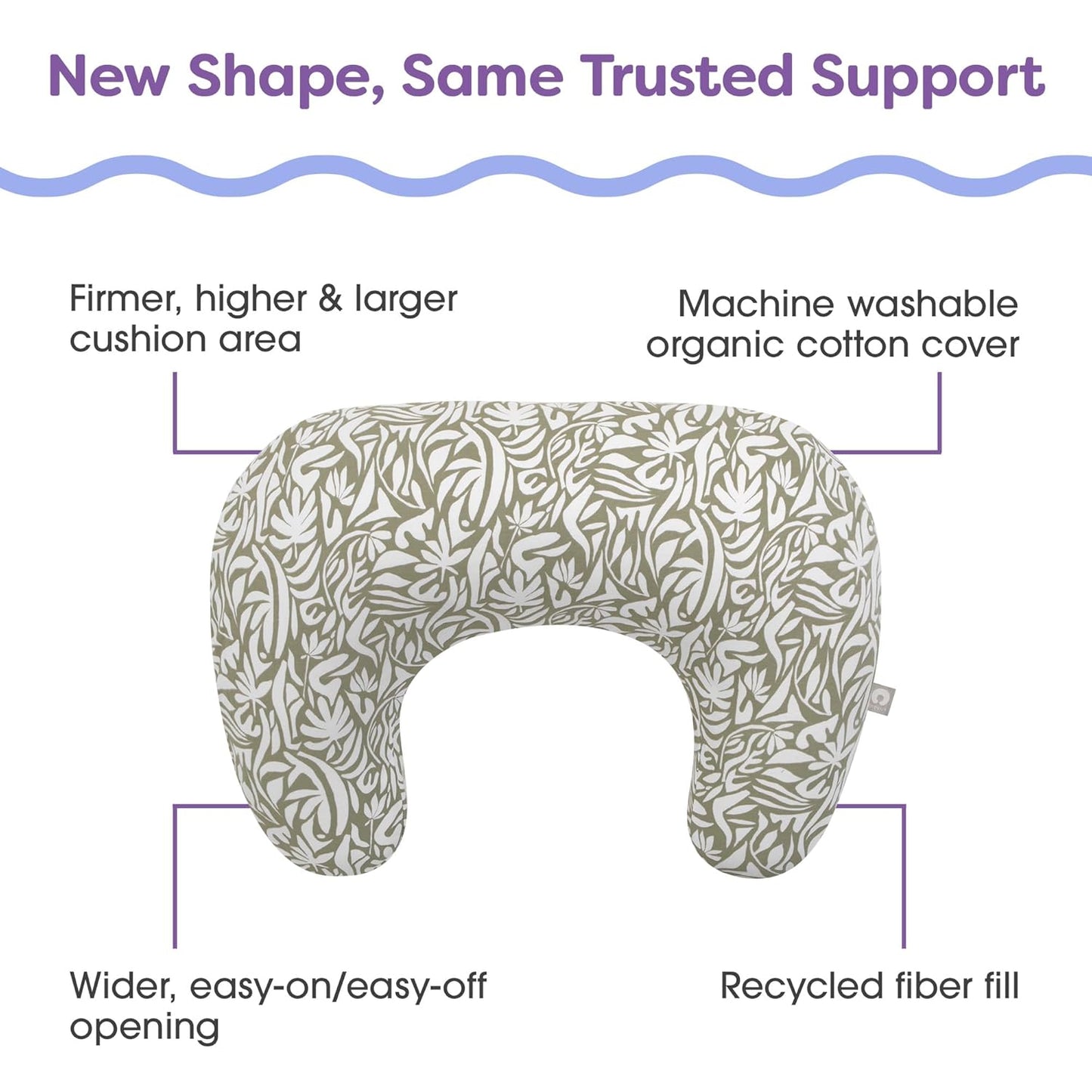 Boppy Nursing Pillow - Ergonomic Bottle & Breastfeeding Pillow, Higher, Firmer & Larger, Water-Repellent with Washable Organic Cotton Cover, Baby Safety Alliance Verified - Green Cut Out Leaves