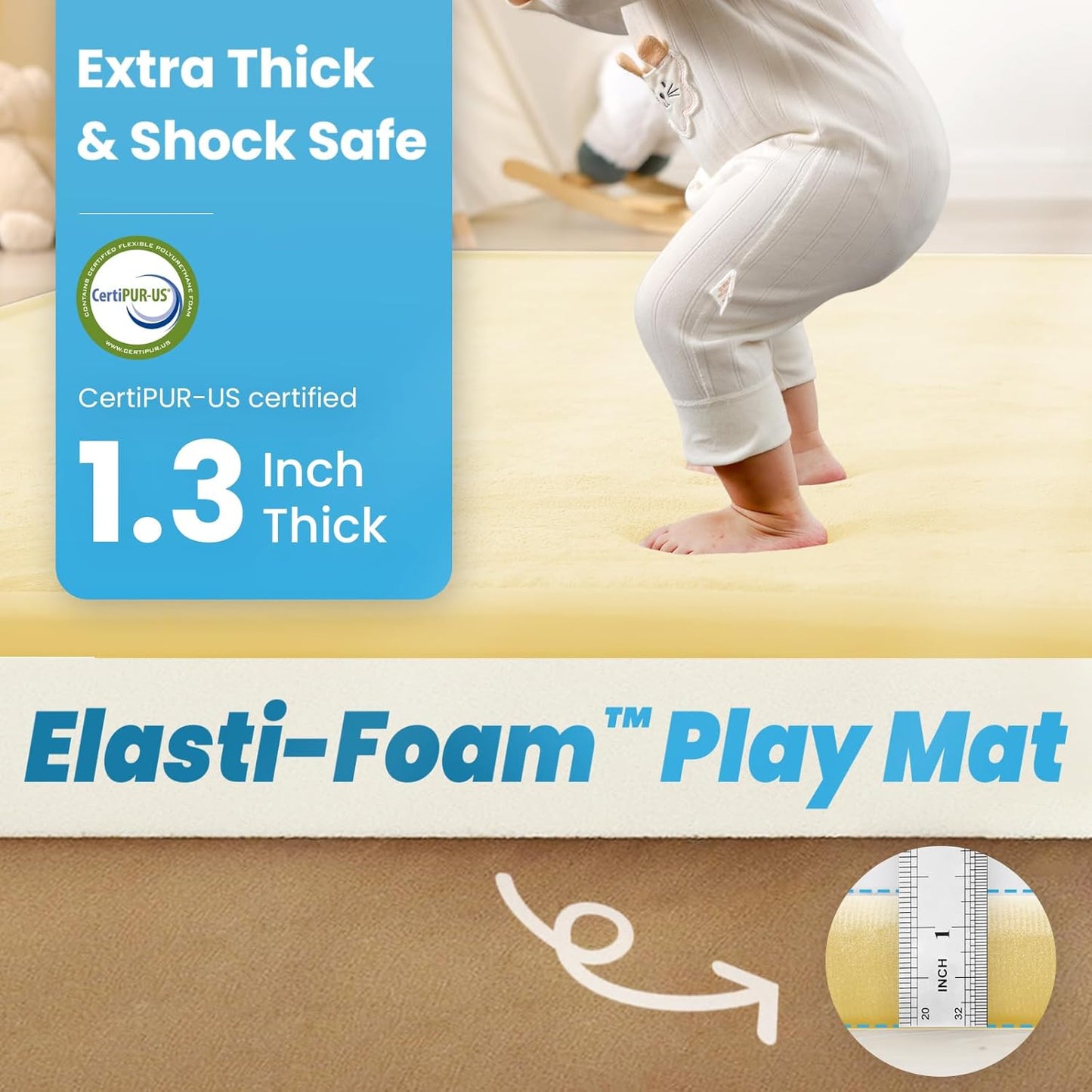 Baby Play Mat for Kids Room,Extra Thick Elasti-Foam Anti-Fall Cushion Mat for Babies,Toddlers,Infants,Water-Repellent&Non-Slip Bedroom Bedside Rugs(Vanilla)