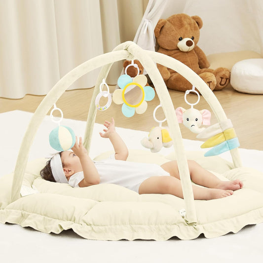 ANGELBLISS 5 in 1 Baby Play Gym Mat, Reversible Tummy Time Mat with 5 Sensory Toys for Stage-Based Developmental, Thick & Large Baby Activity Center from Newborn to Toddler (Beige)