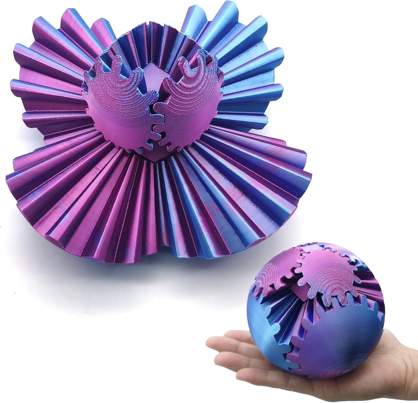 3D Printed Gear Ball Spin Ball, 4inch Large Gear Ball Fidget Toy, Gear Sphere Cube Puzzle, Gearball Fidget Desk Toy, Gearsphere Steampunk Whirling Wonder Fidget Stress Ball (Blue Hot Pink)