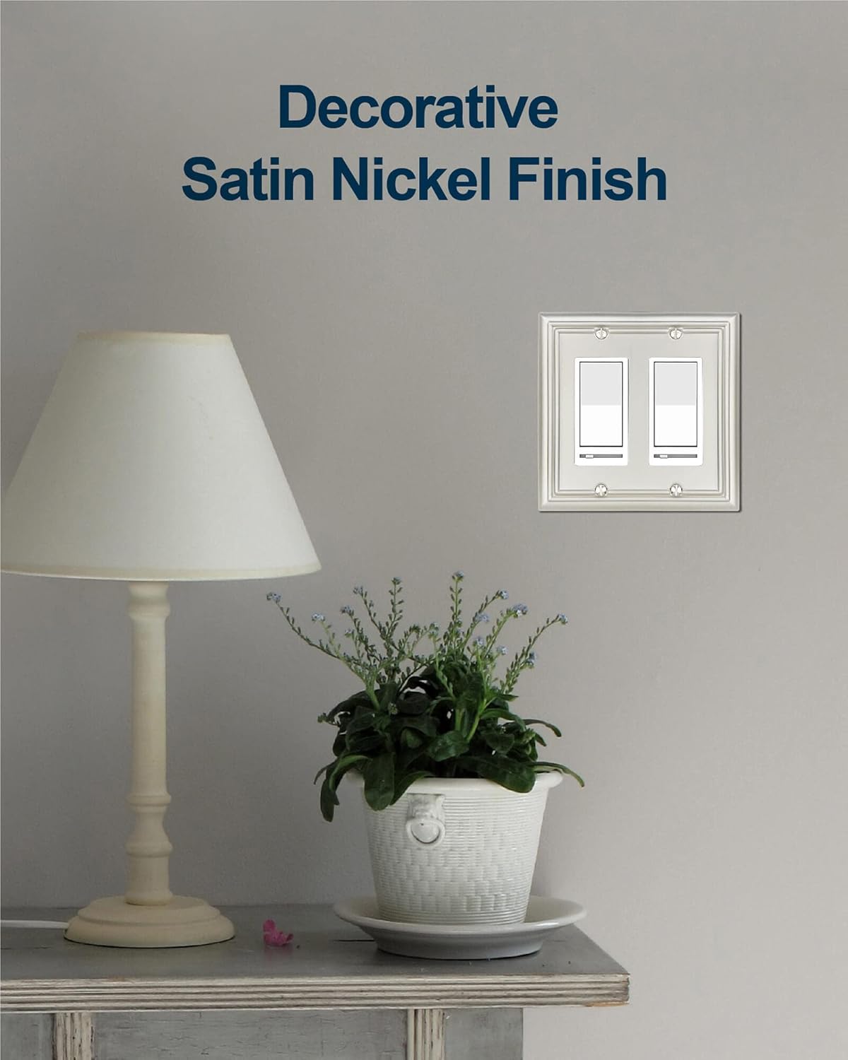 2-Pack Double Decorator Outlet Covers, Satin Nickel Wall Plates for Dimmer Switch, GFCI Outlet and Receptacal, Durable Metal, Midsize