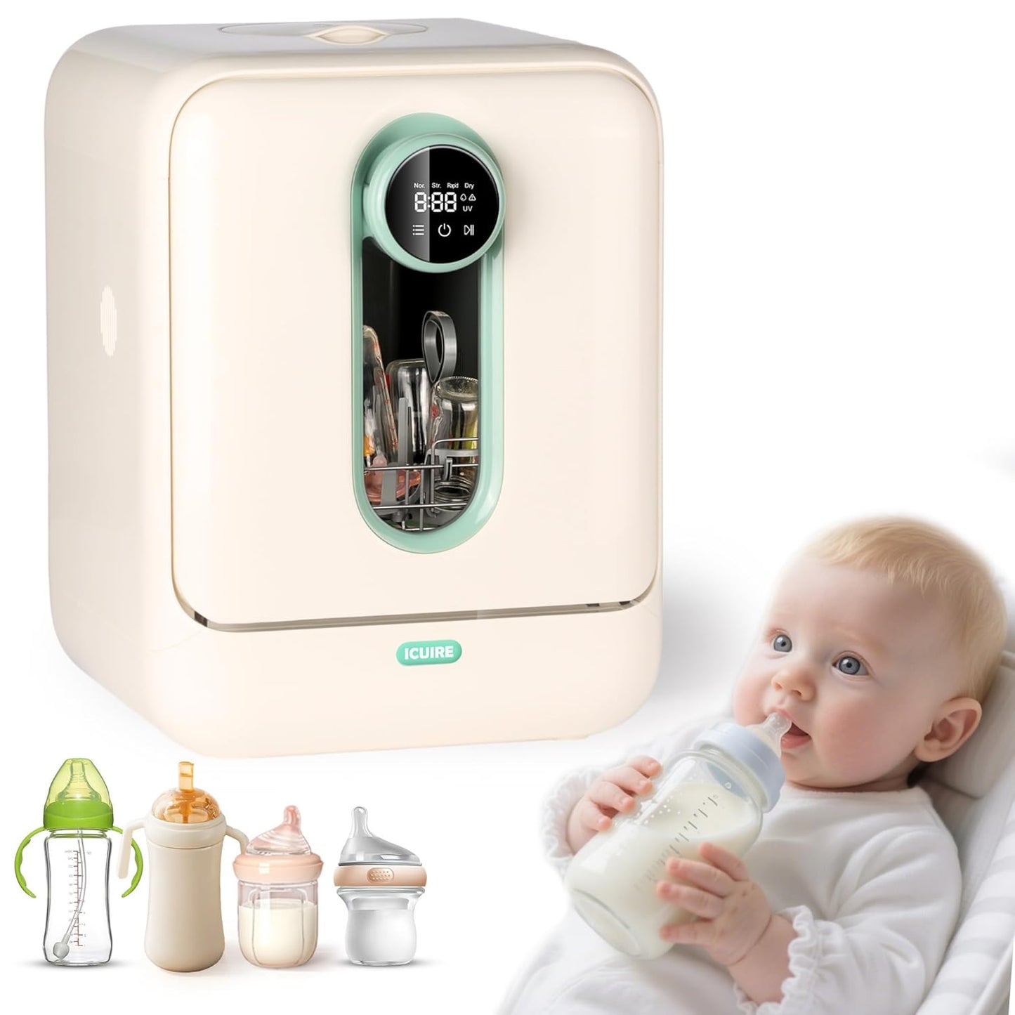 ICUIRE Baby Bottle Washer, Sterilizer & Dryer Pro, Newborn Essential for Parents One-Hand Operation, 4 Sterilize Modes for Baby Stuff, 3.2L Water Tank for Clean Bottles, Pump Part &Pacifiers, Baby Toy