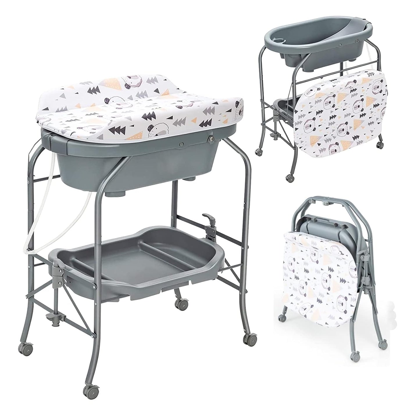 HONEY JOY Baby Changing Table with Bathtub, Foldable Infant Diaper Changing Station with Wheels, Storage Tray, Waterproof Pad, Portable Newborn Nursery Organizer Bath Stand for Boys Girls (Gray)