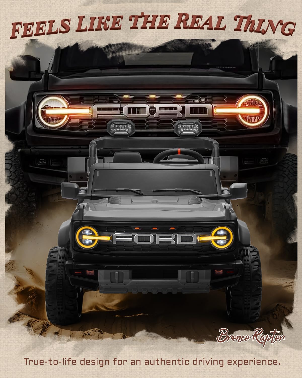 24V Ride on Toys for Big Kids, Licensed Ford Bronco Raptor Electric Car 2 Seater with Remote Control, Kids Ride on Cars w/ 2-Seater, 4.3 Mph Max Speed, Soft Start Function (24V, Black)