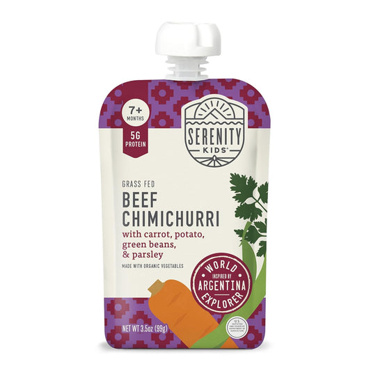 Serenity Kids 7+ Months Baby Food Puree Pouches Beef Chimichurri - Ethically Sourced Meat & Organic Veggies - BPA-Free Pouches - Toddler Food & Baby Snack - 3.5 Oz, 12 Pack