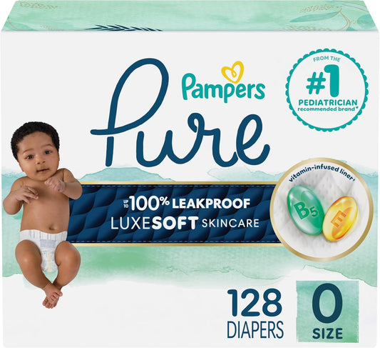 Pampers Pure Protection Baby Diapers, Size 0 (10 lbs ), 128 Count, Up to 100% Leakproof, Premium Plant-based Skin Protection, Hypoallergenic Soft Diapers