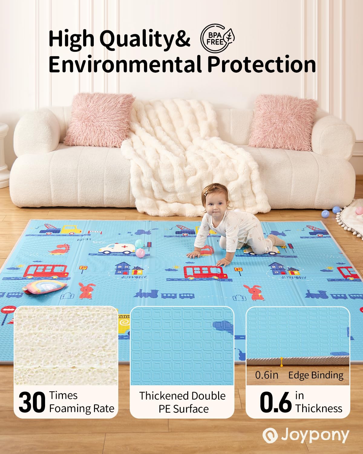 Baby Play Mat, 79" X 71" X 0.6" Extra Large & Thick Reversible Foldable Play Mats for Babies and Toddlers, Anti-Slip Portable Baby Floor Mat for Tummy Time, Baby Mat for Floor with Travel Bag